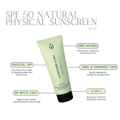 Avocado Zinc- SPF 50 Natural Physical Sunscreen 100ml